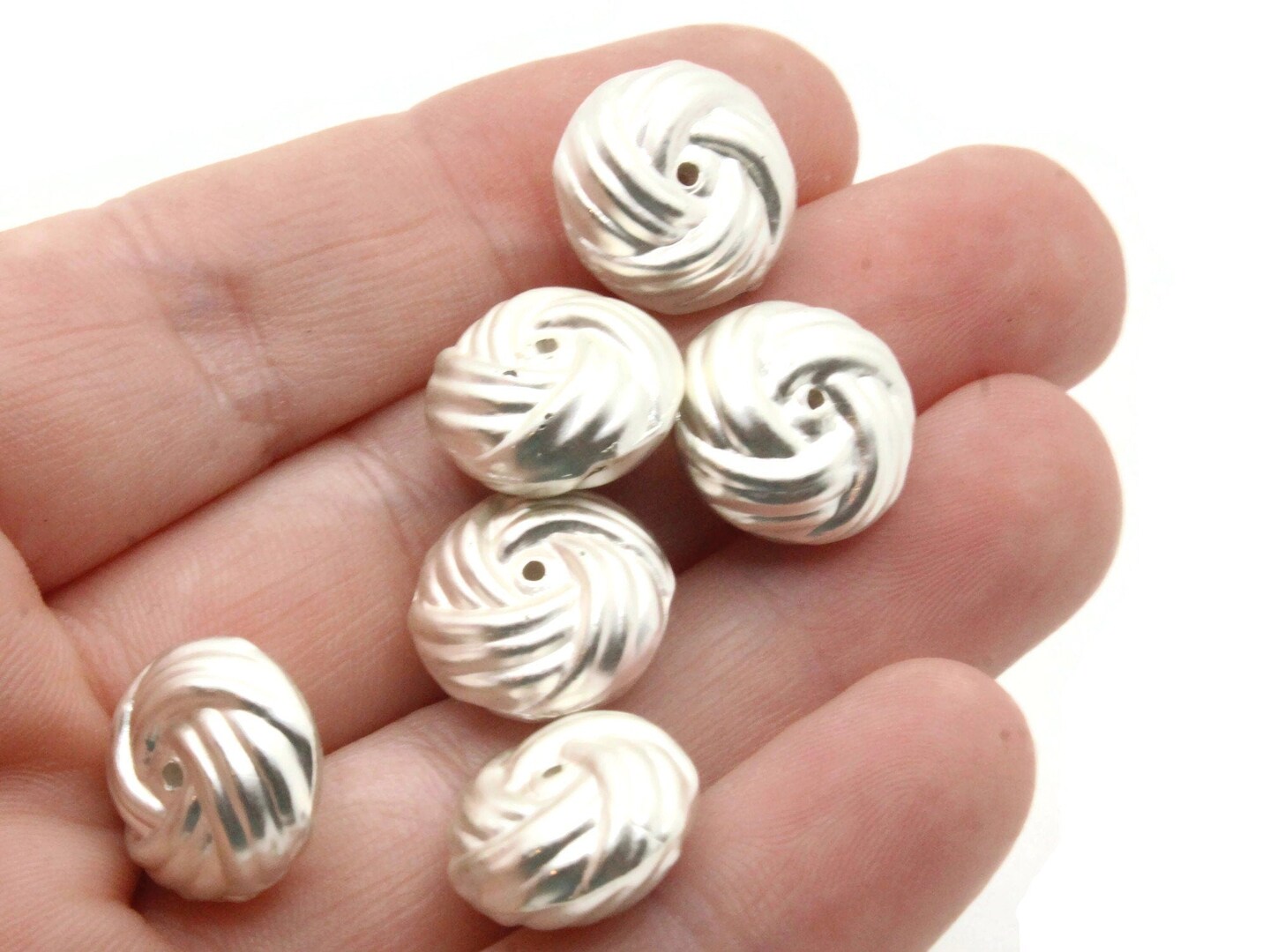 6 14mm Patterned Rondelle Silver Plated Plastic Vintage Beads