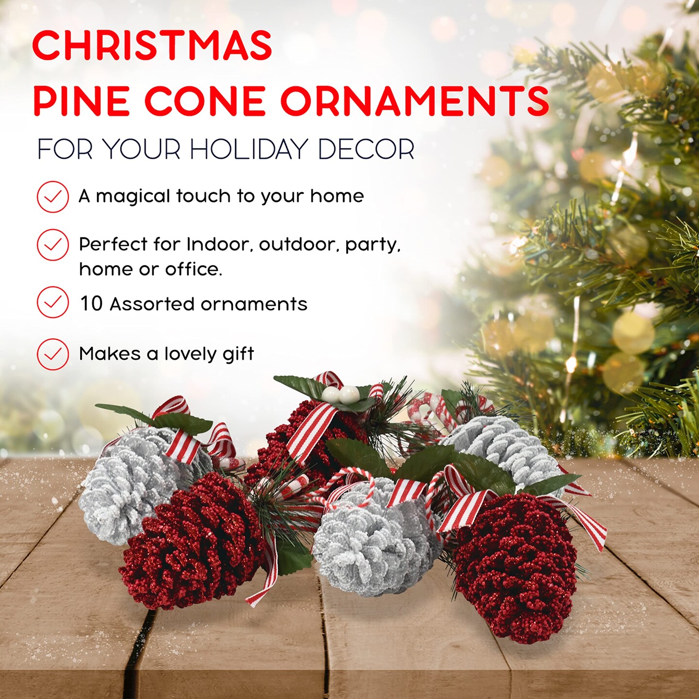 Ornativity Red and White Ornaments - Glitter Red and White Coated Pinecone Ornament with Realistic Holly Leaf and Red Cranberry Berries with Candy String Christmas Tree Decoration Set - Pack of 10