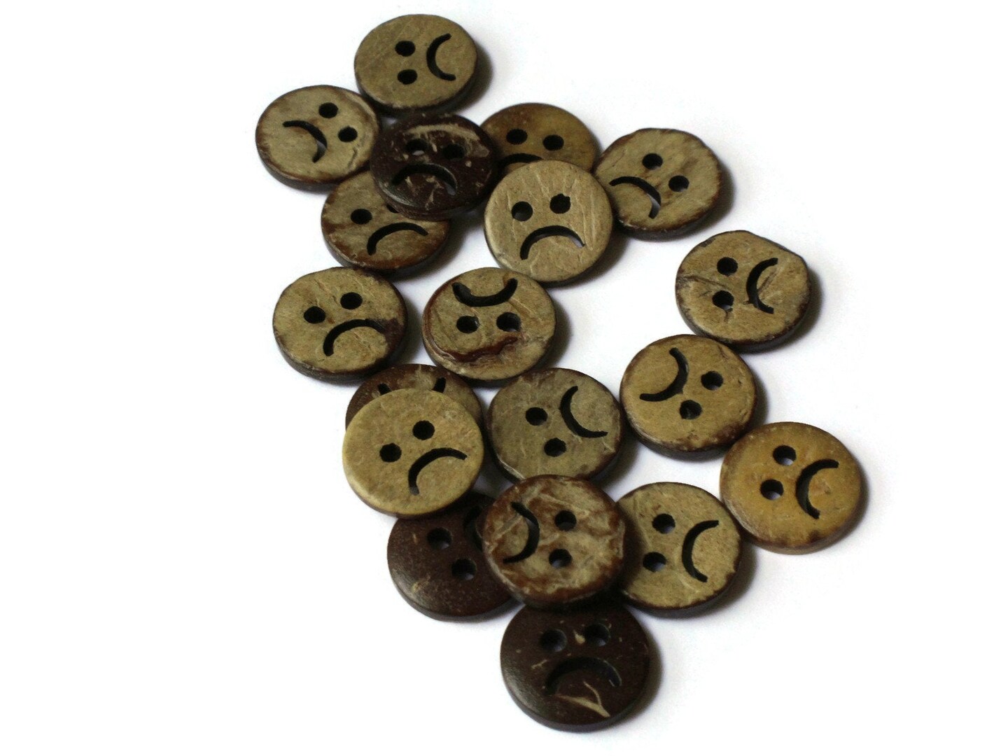 20 13mm Brown Sad Face Coconut Shell Buttons Wood 2 Hole Buttons