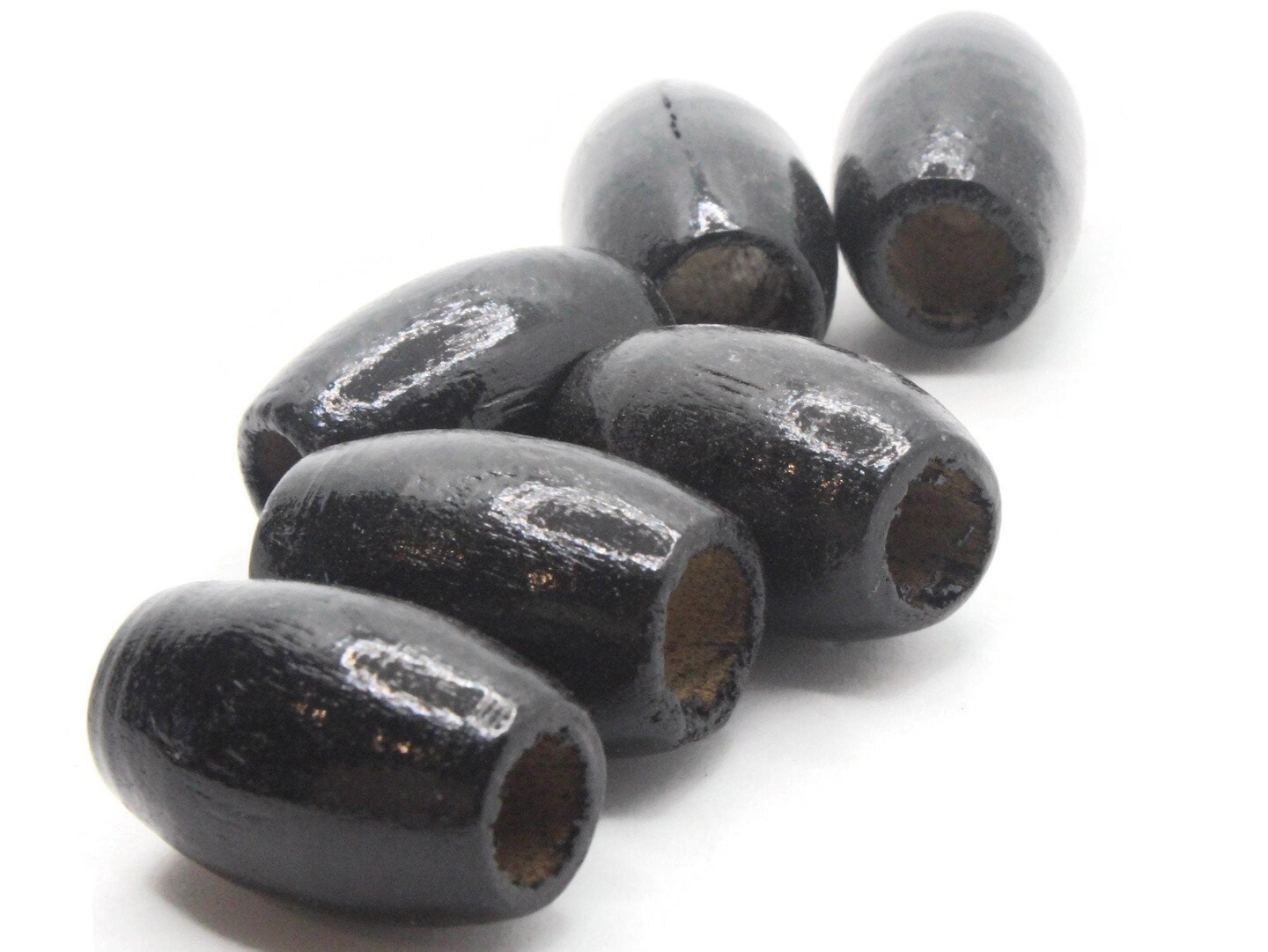 6 30mm Black Wood Barrel Beads - Large Hole Macrame Beads