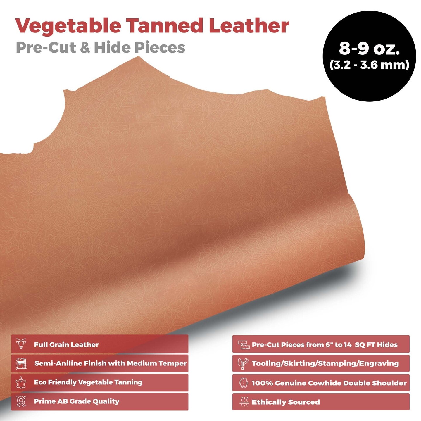 ELW Genuine Leather Vegetable Tanned 8-9 oz. (3.2-3.6mm) Size 6” to 14 ...