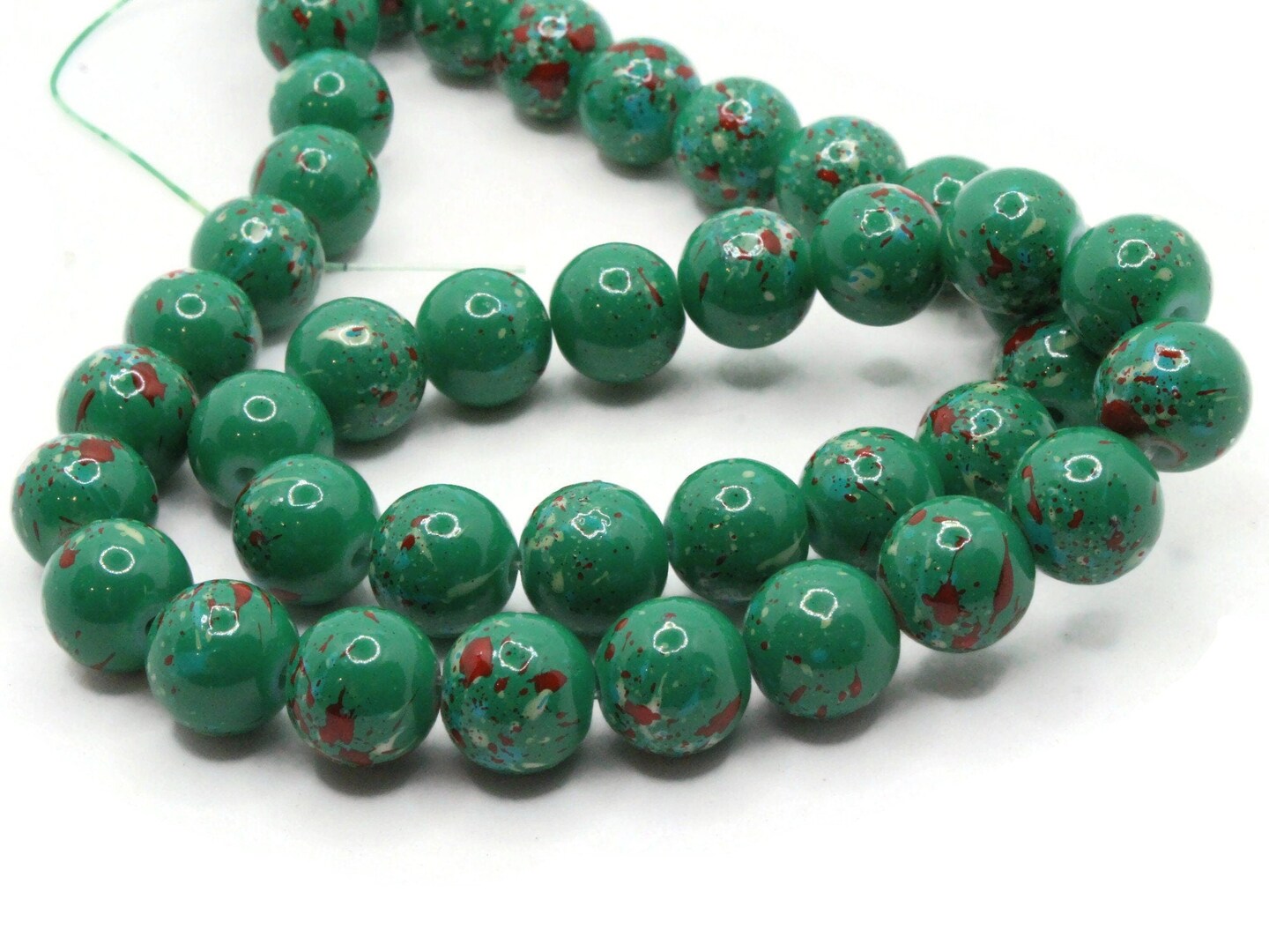 40 10mm Green and Red Splatter Paint Smooth Round Glass Beads