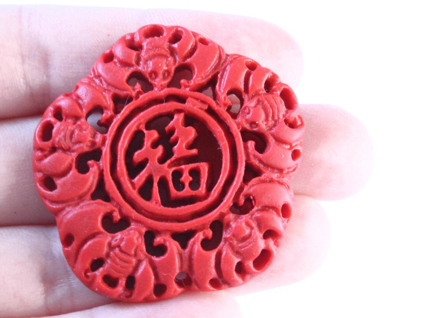 Carved Cinnabar Flower Pendant - Two Hole Focal Bead
