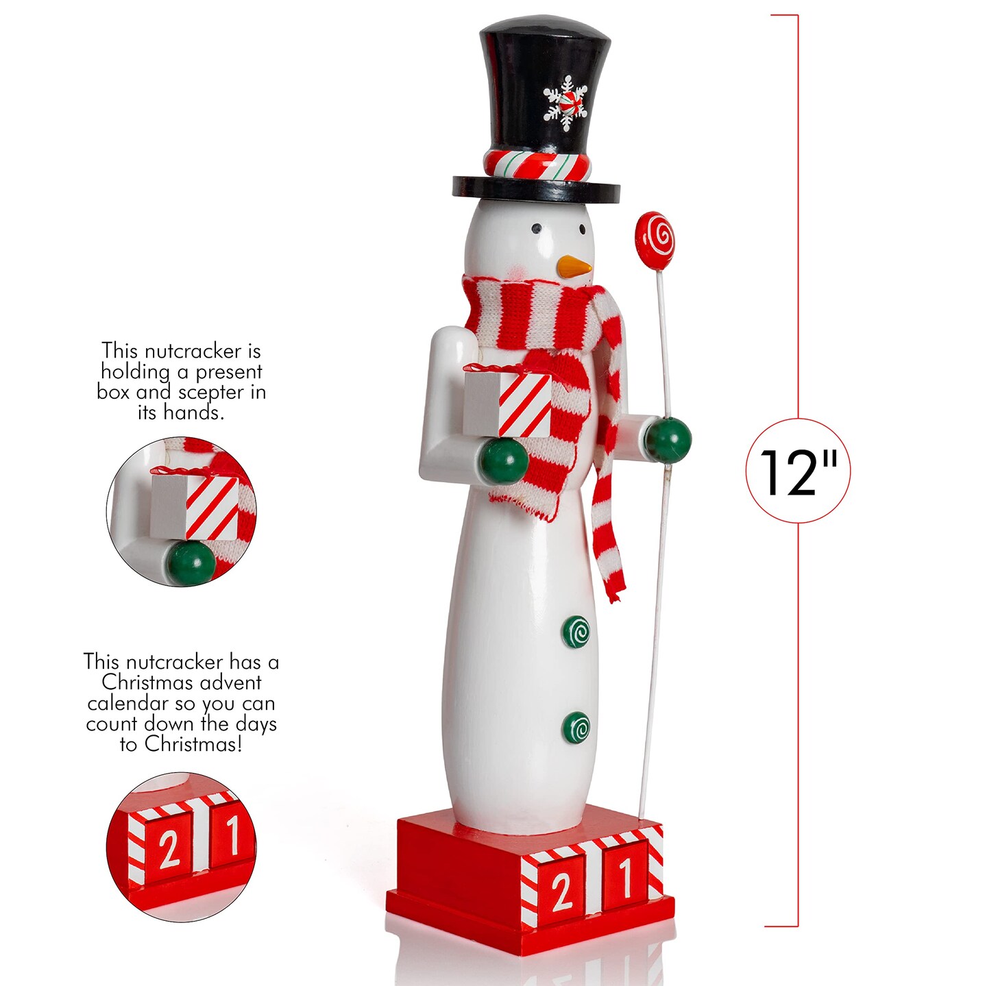 Ornativity Christmas Snowman Countdown Nutcracker – Wooden Snow Man Nutcracker with Advent Calendar Count Down to Christmas Base Xmas Themed Holiday Nut Cracker Doll Figure Decorations