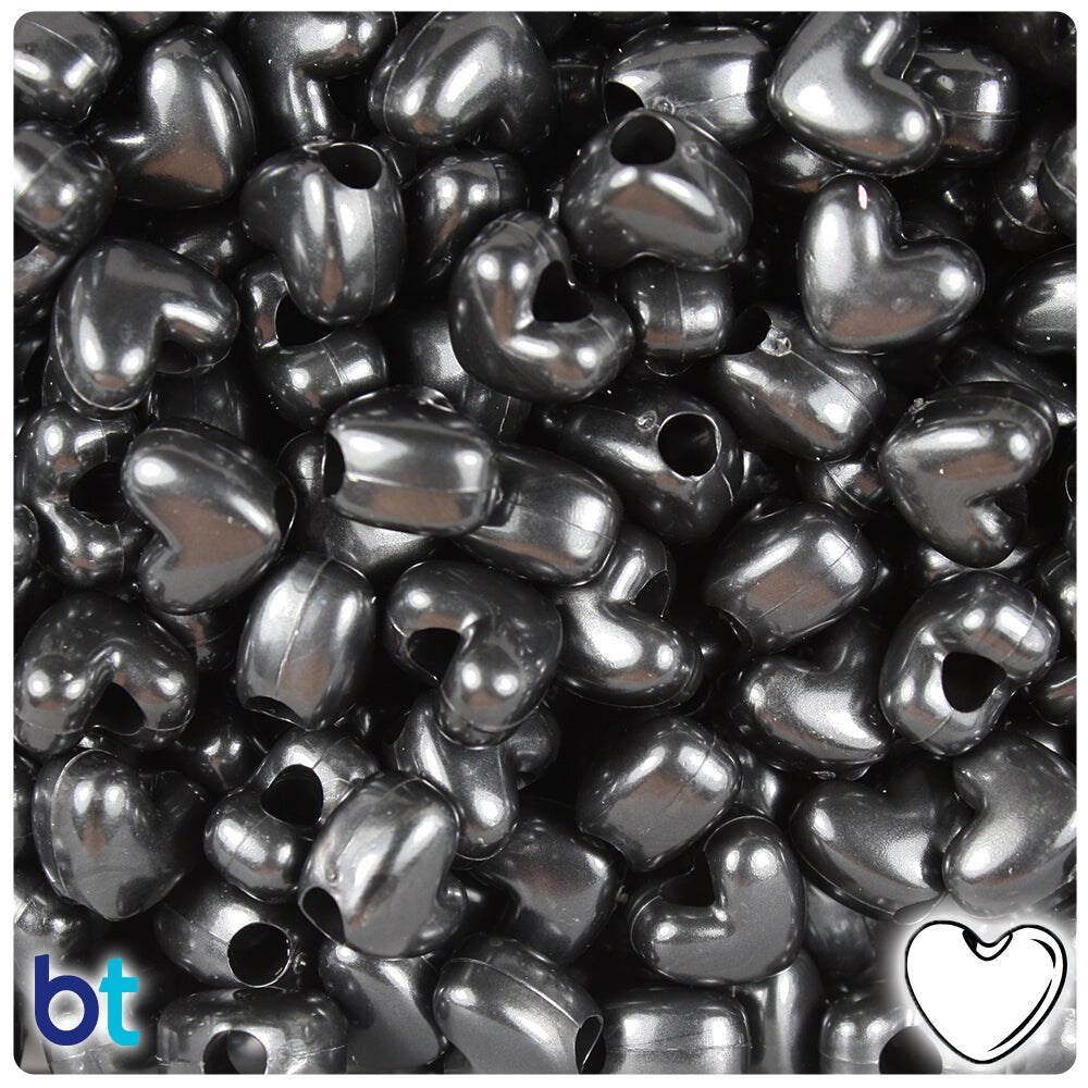 BeadTin Black Pearl 12mm Heart (VH) Plastic Pony Beads (250pcs)