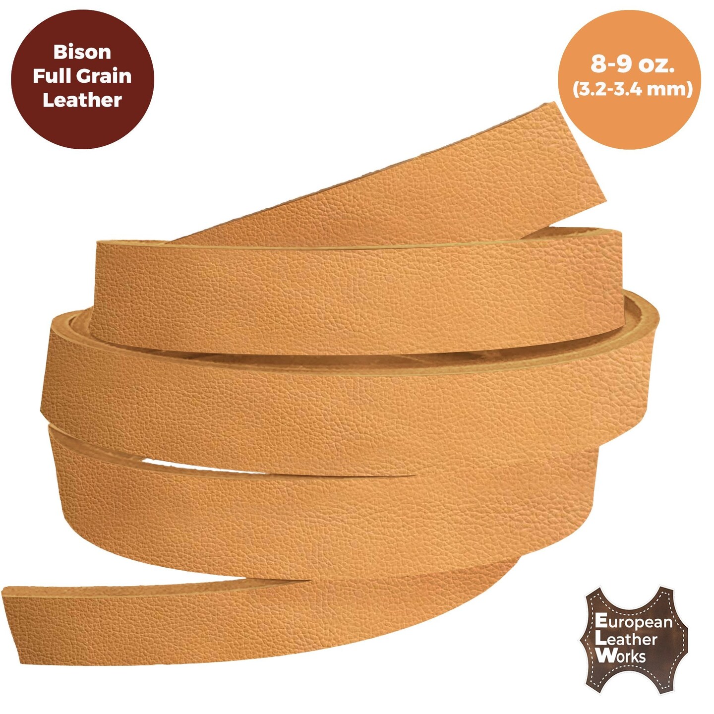 ELW Genuine American Leather Bison 8-9 oz (3.2-3.4mm) Thickness - Straps, Belts, Strips - 84" -  Full Grain Hide DIY Craft Projects, Bag, Chap, Moccasins, Jewelry, Wrapping