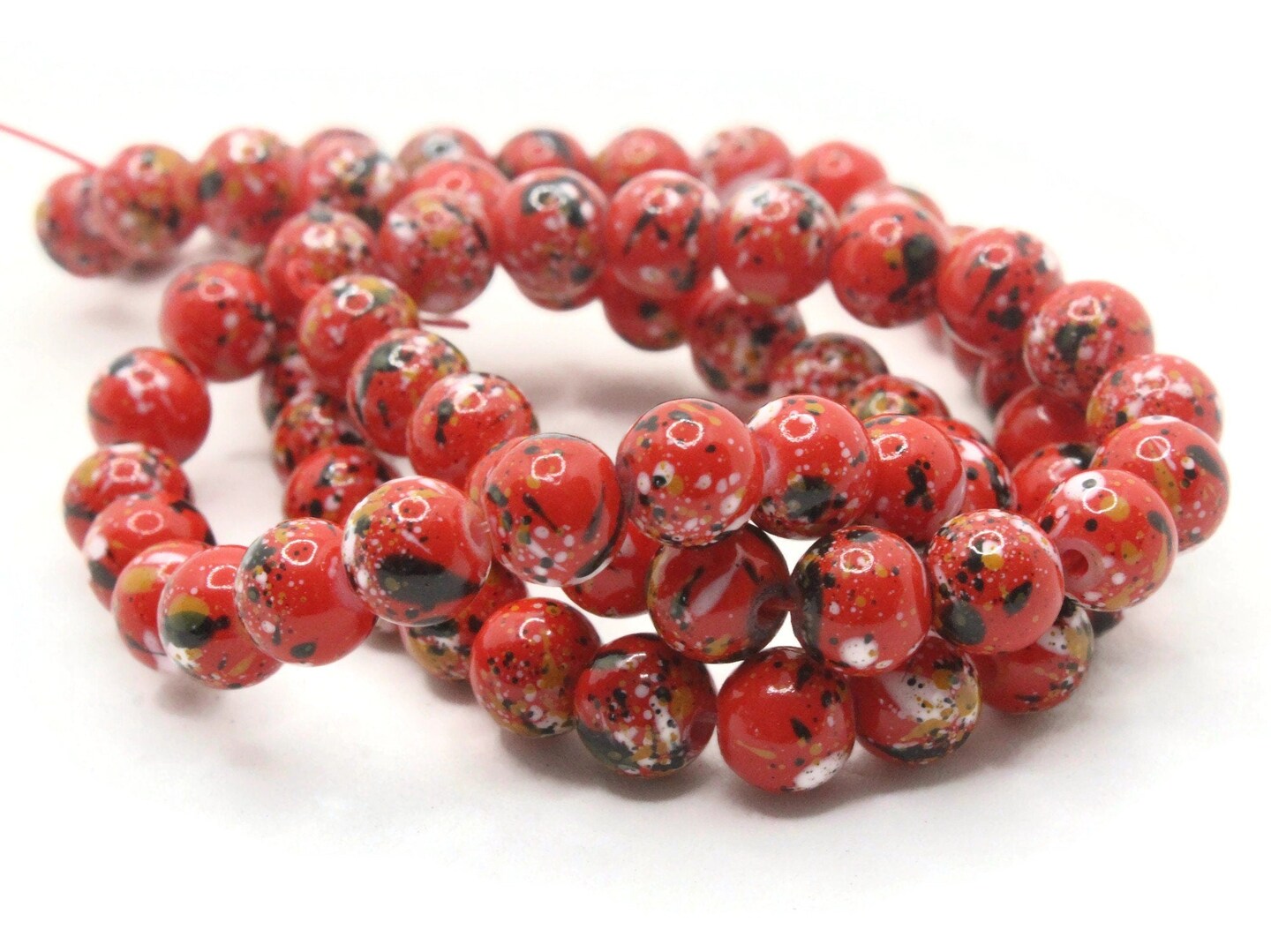 68 6mm Red Black and White Splatter Paint Round  Glass Beads