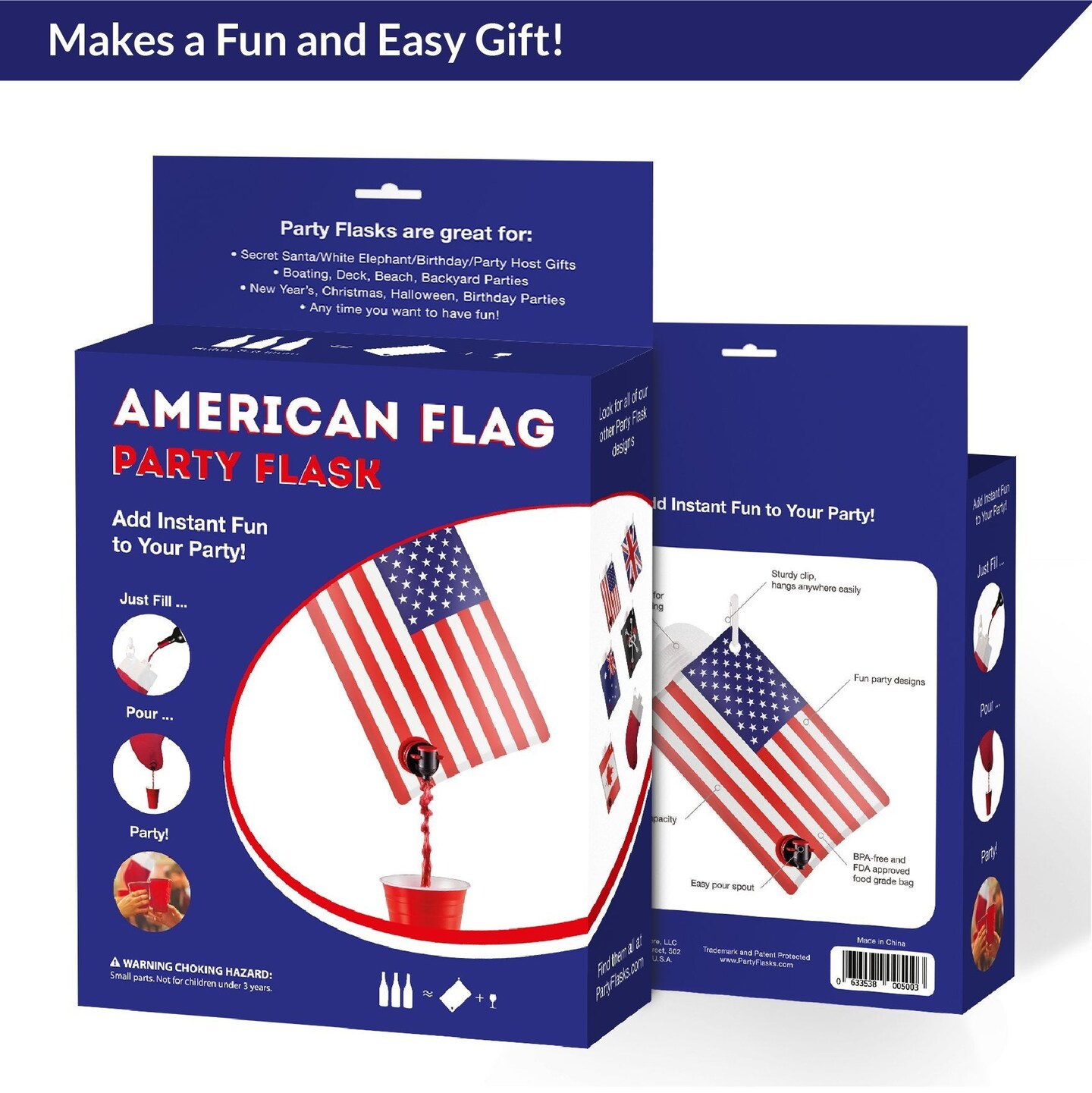 American Flag Flask for Liquor, Wine, Drinks: Beverage Dispenser Holds 2 Liters for Summer, July 4, Sports Tailgating, Birthday, Graduation, Cruises, Boating, BBQ Parties, by Party Flasks