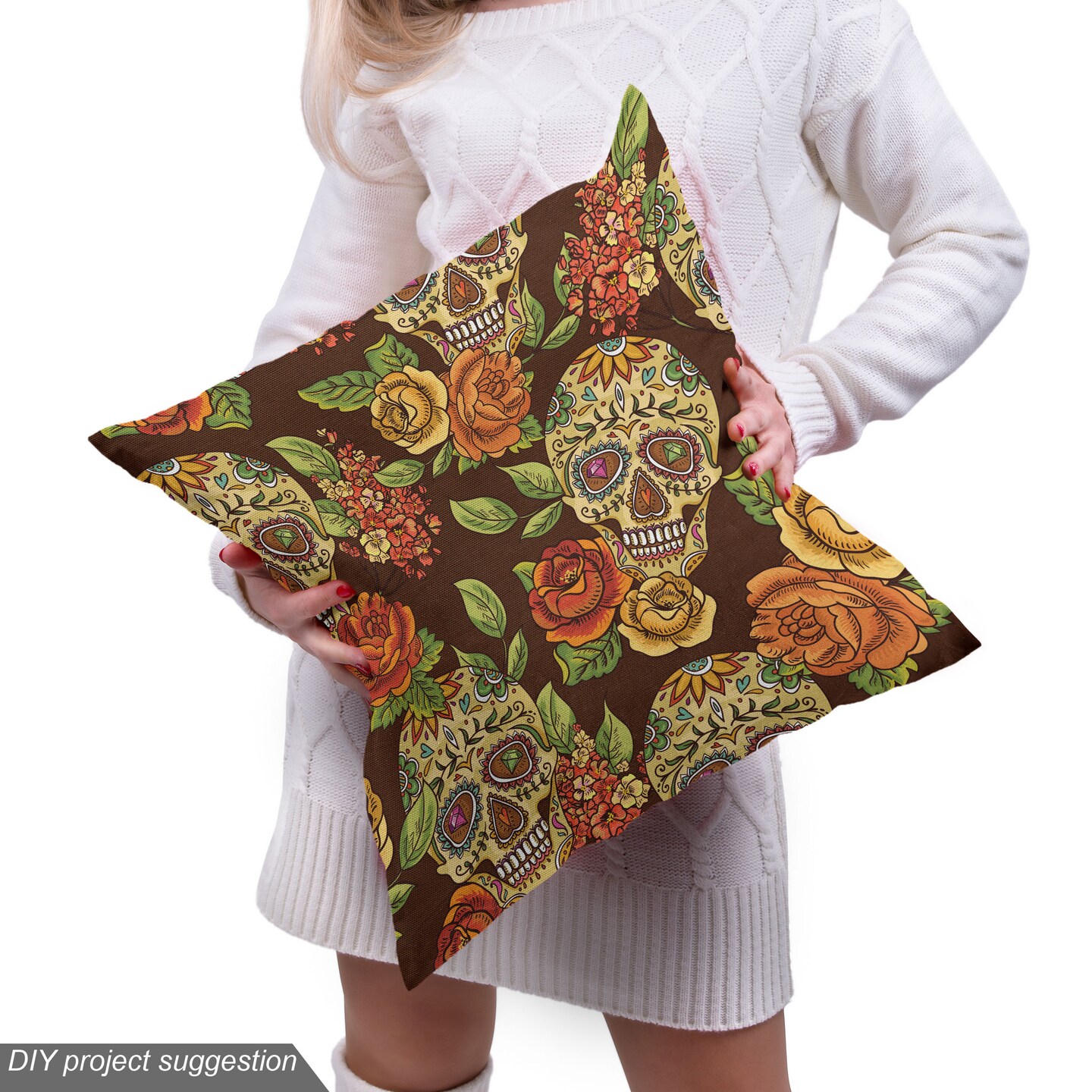 Ambesonne Sugar Skull Fabric by the Yard, Autumn Colored Flowers and Leaves Patterns in Smily Head Bones, Decorative Fabric for Upholstery and Home Accents, 5 Yards, Pale Green Yellow Orange