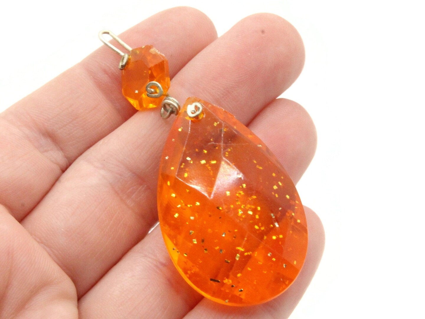 2 64mm Clear Orange with Embedded Glitter Vintage Plastic Teardrop Pendant - Chandelier Dangle