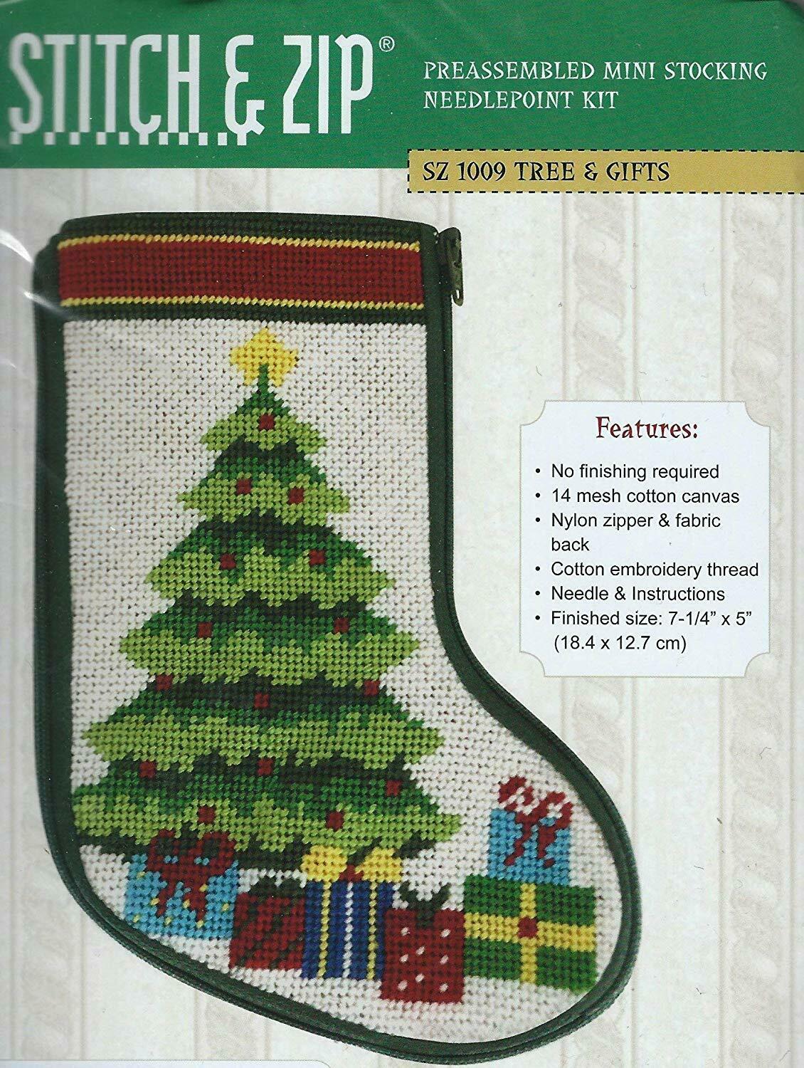 Stitch & Zip Christmas Tree & Presents Mini Stocking Needlepoint Kit
