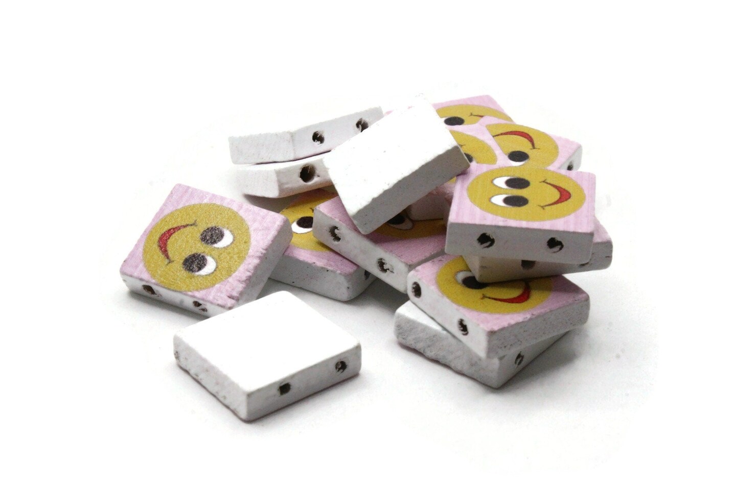 15 20mm Pink and Yellow Wooden Happy Face Beads - Two Hole Emoji Beads