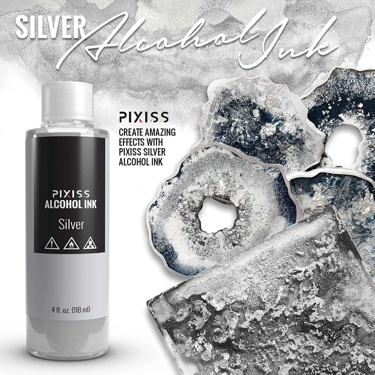 Pixiss Silver and Gold Metallic Alcohol Ink for Resin, 3 Pixiss Applicator Bottles