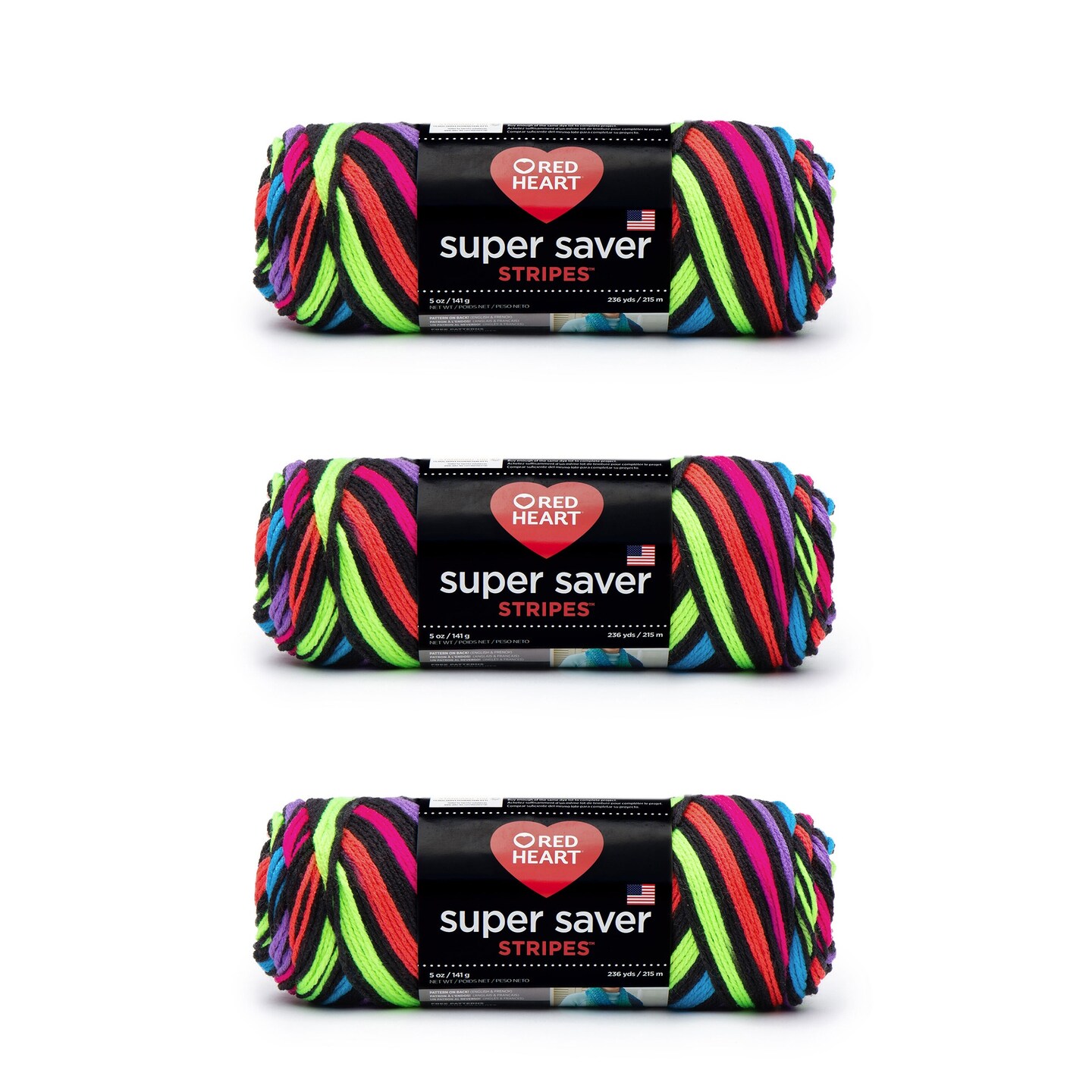 Red Heart Super Saver Neon Stripes Yarn - 3 Pack of 141g/5oz - Acrylic - 4 Medium (Worsted) - 236 Yards - Knitting/Crochet
