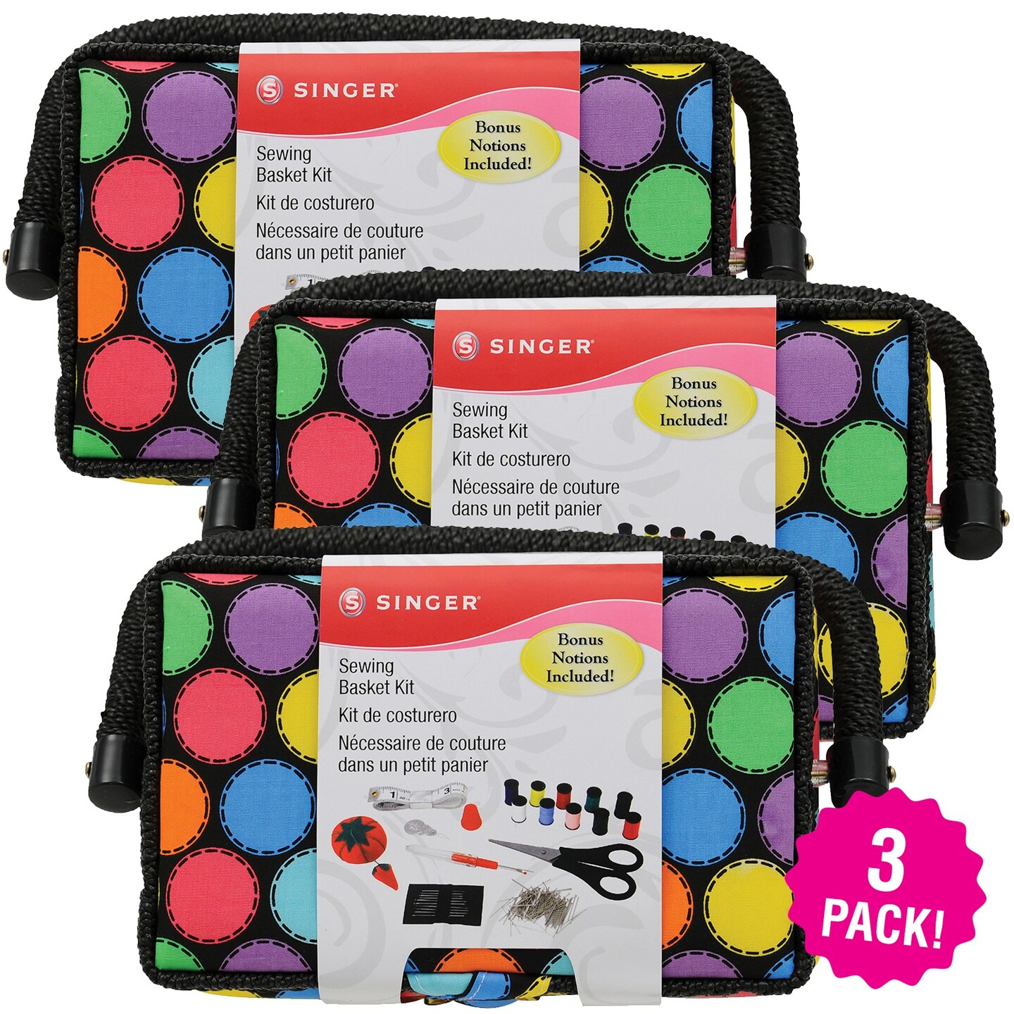 Multipack of 3 - Singer Small Sewing Basket Kit 126pcs-Multi Bright Dots