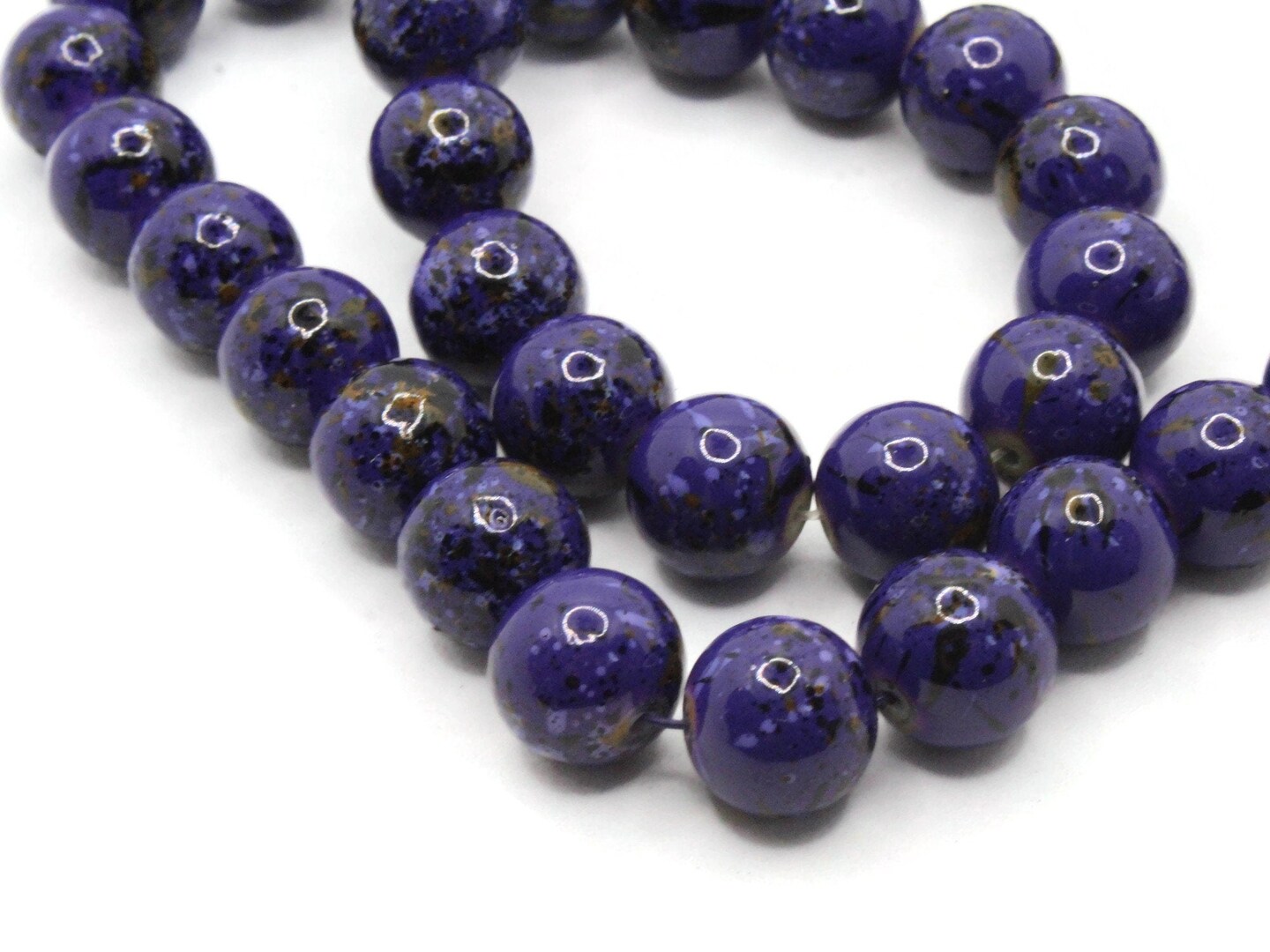 40 10mm Blue with Black and Brown Splatter Paint Round Glass Beads