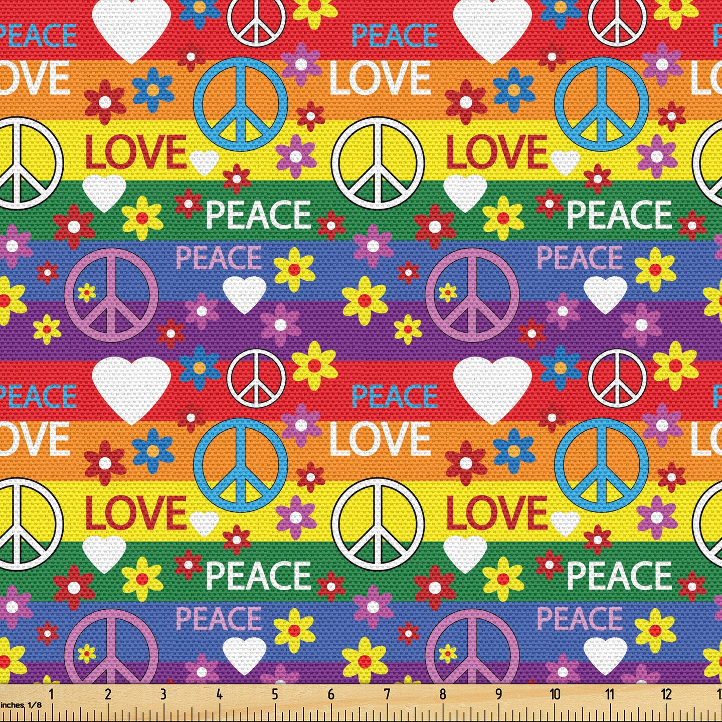 Ambesonne Groovy Fabric by the Yard, Heart Peace Flower Power Political Hippie Cheerful Colors Festival Joyful, Decorative Fabric for Upholstery and Home Accents, 5 Yards, Rainbow Colors