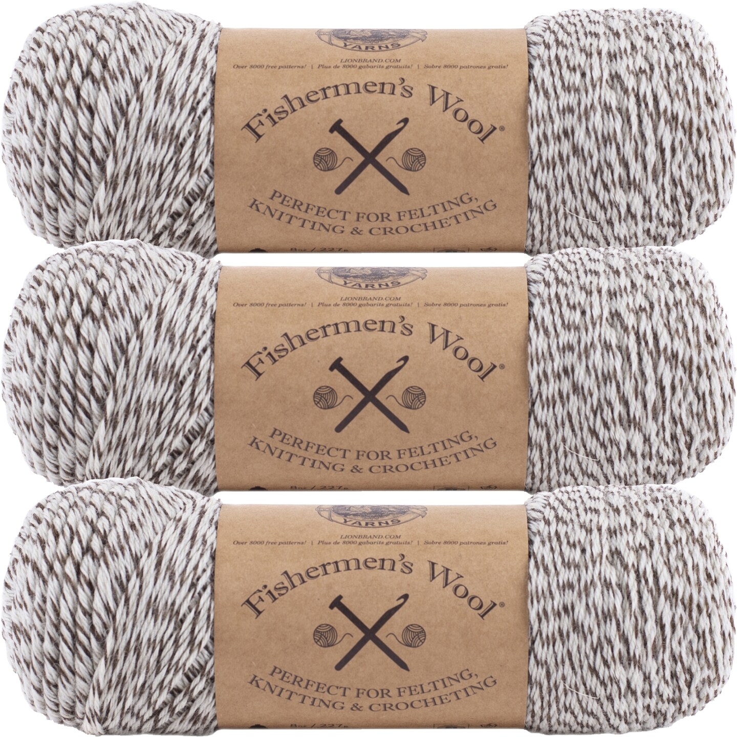 (3 Pack) Lion Brand Fishermen&#x27;s Wool Yarn - Oak Tweed