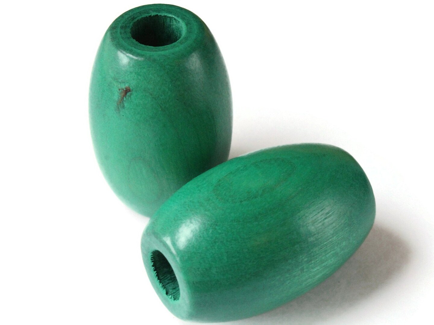 2 53mm Ridiculously Huge Green Wooden Barrel Beads - Vintage Macrame Beads