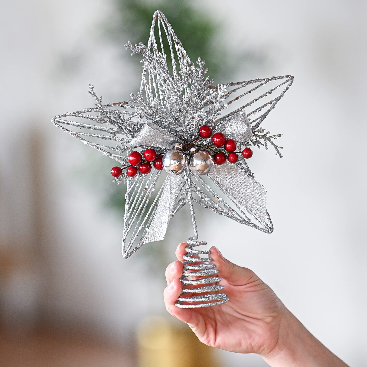 Ornativity Silver Star Tree Topper - Christmas Glitter Silver Star Holiday Tree Top Decoration with Silver Bells and Mistletoe and Red Berries