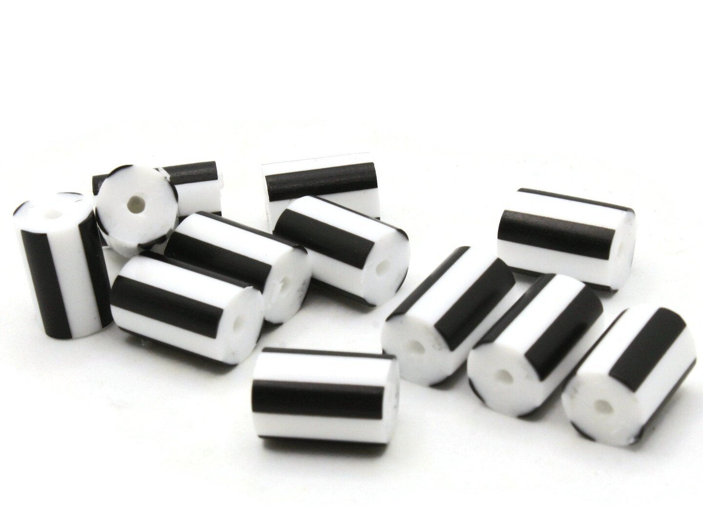 12 12mm to 14mm Black and White Striped Vintage Plastic Tube Beads bF1