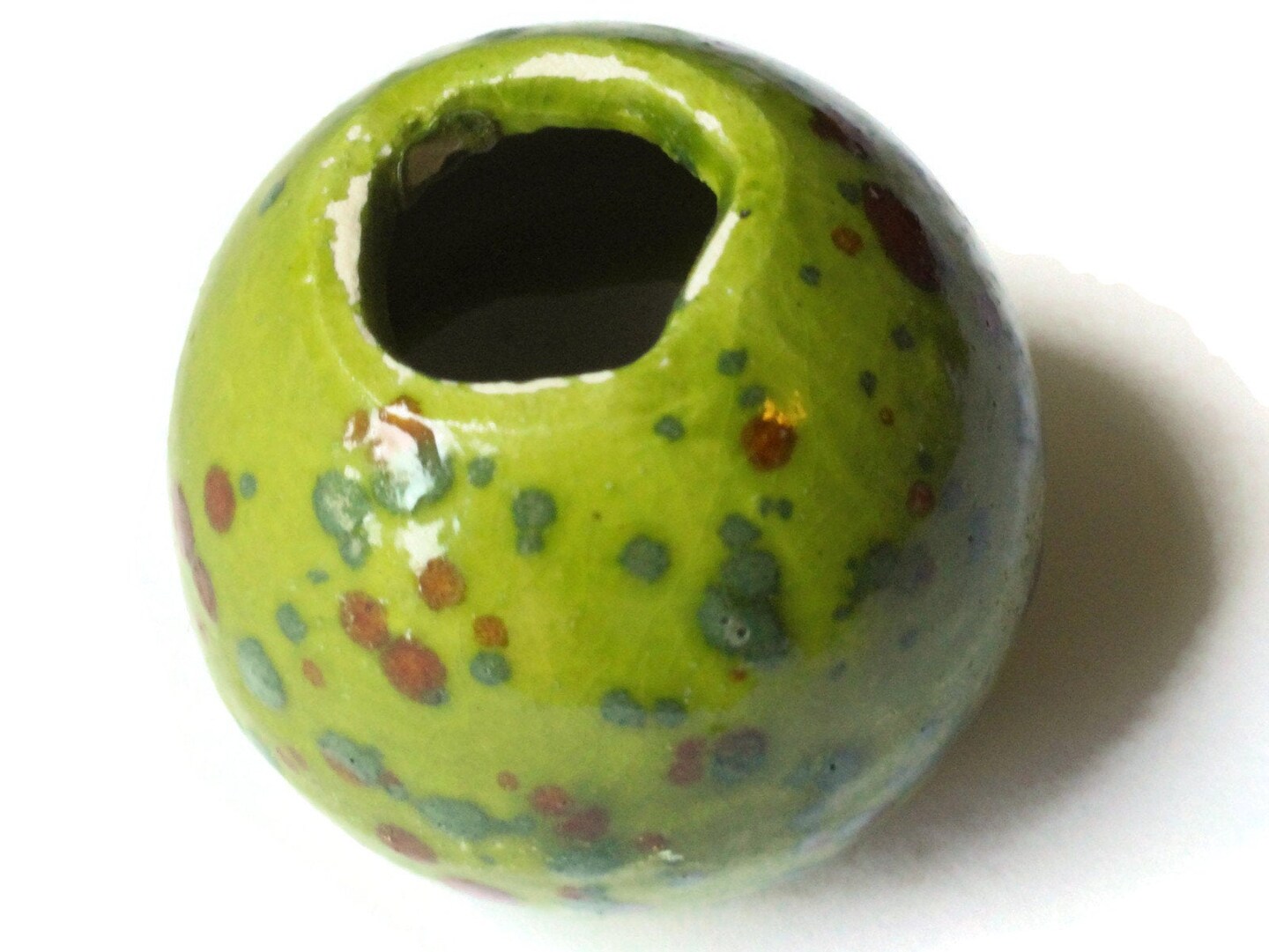 38mm Round Green with Brown Spots Bead Vintage Macrame Ceramic Porcelain Bead