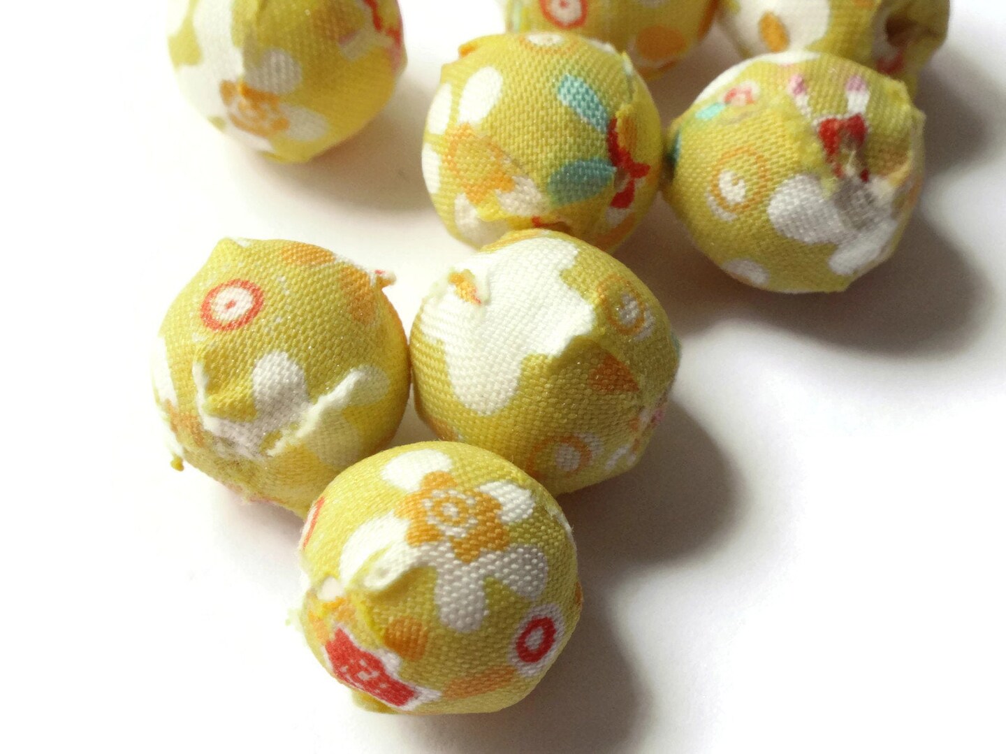 8 14mm Yellow Floral Fabric Wrapped Beads Woven Round Ball Beads