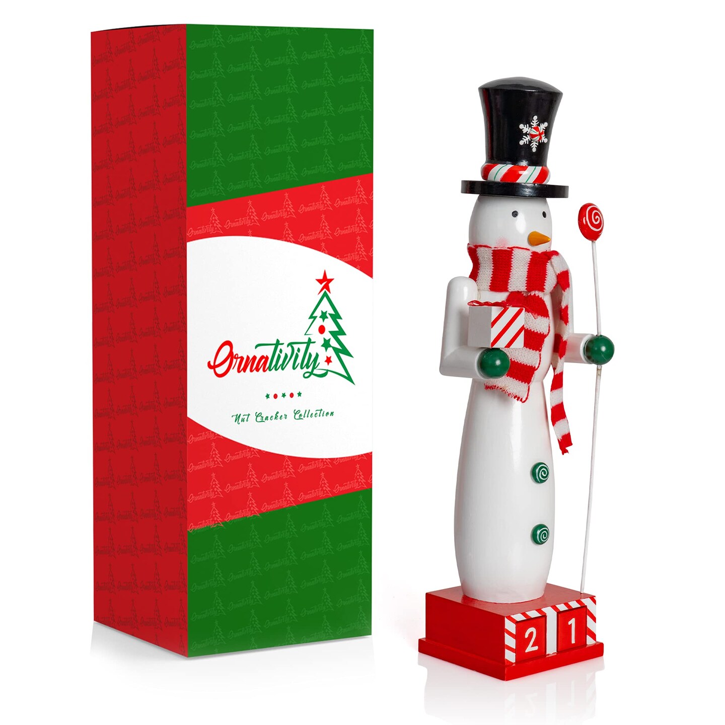 Ornativity Christmas Snowman Countdown Nutcracker – Wooden Snow Man Nutcracker with Advent Calendar Count Down to Christmas Base Xmas Themed Holiday Nut Cracker Doll Figure Decorations