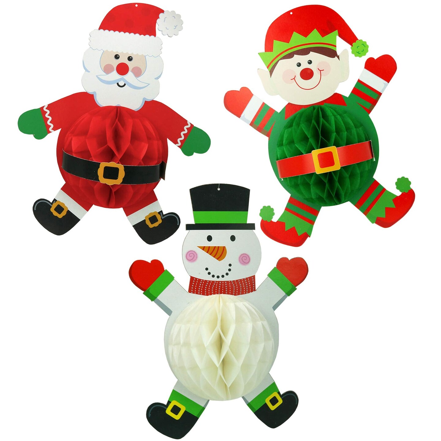Big Mo's Toys Hanging Decorations - Santa Jester and Snowman Honeycomb Christmas Home Decor - 3 Pieces