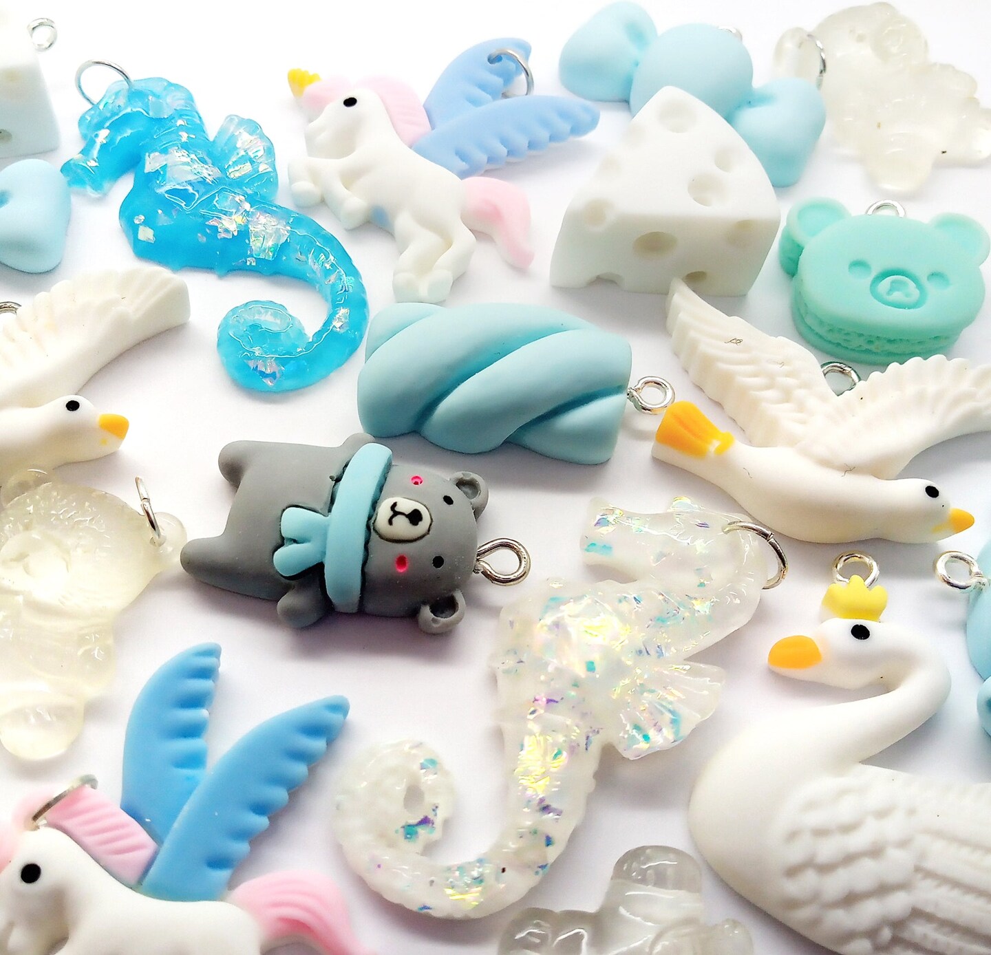 Blue and White Kawaii Charm Mix: Birds and Bears, 10 piece Sets, Adorabilities