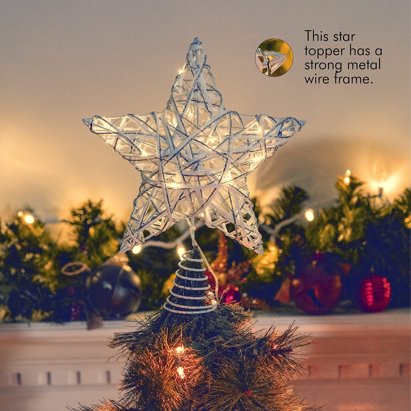 Ornativity Christmas Rattan Tree Topper – White and Silver Xmas Rustic Star LED Light Up Tree Topper Ornament Decoration