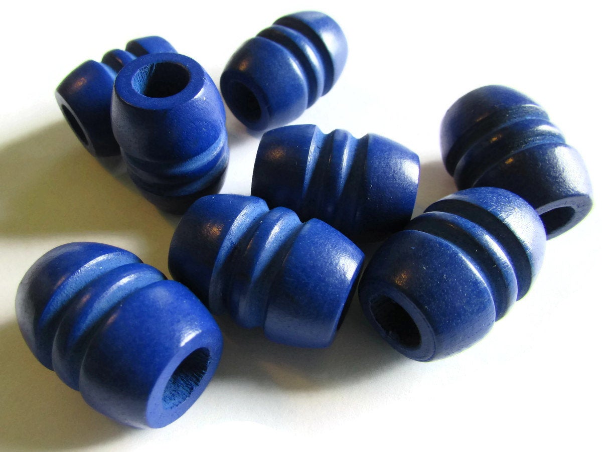 5 28mm Blue Vintage Wood Fluted Barrel Beads - Large Hole Macrame Beads bA3
