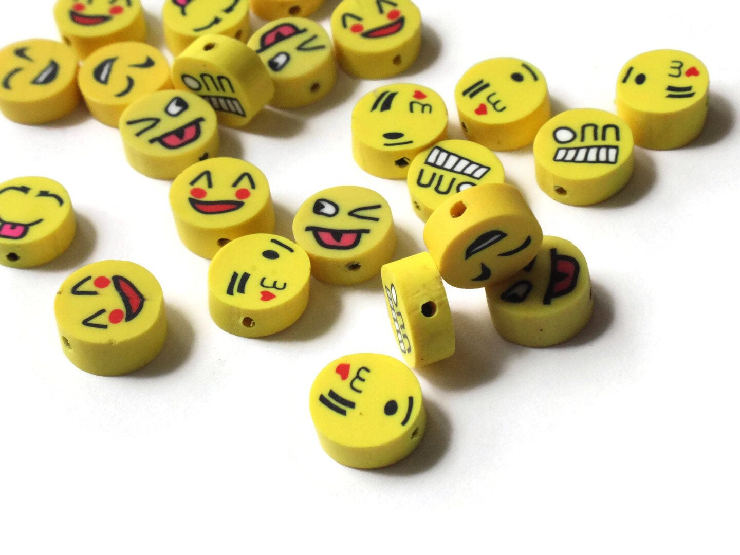 25 Yellow Emoji Beads Polymer Clay Smiley Face Beads Coin Beads
