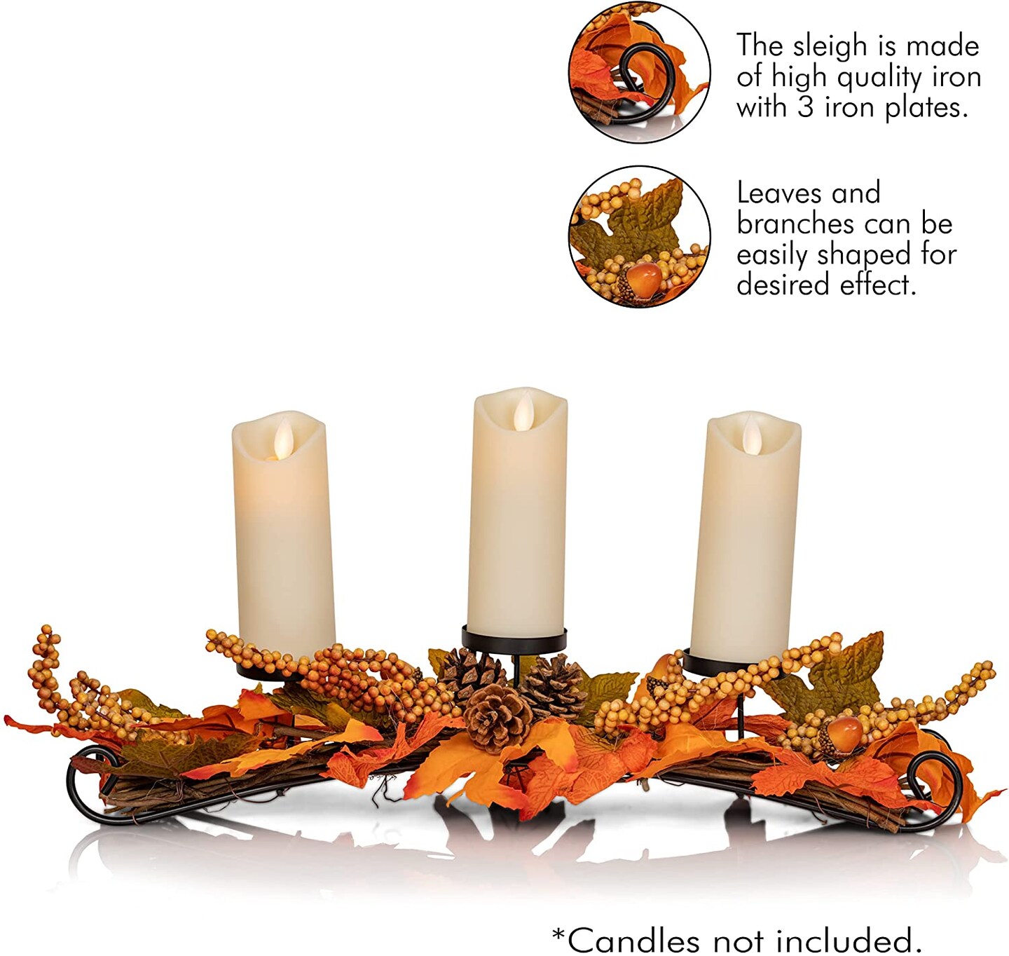 Ornativity Maple Leaves Candle Holder - Thanksgiving Fall Harvest Themed Candleholder Centerpiece Decorations with Pinecones and Acorns