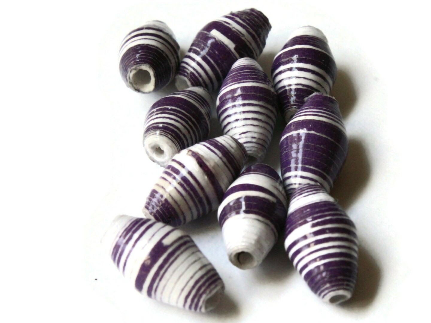 10 14mm Purple and White Striped Ugandan Paper Beads