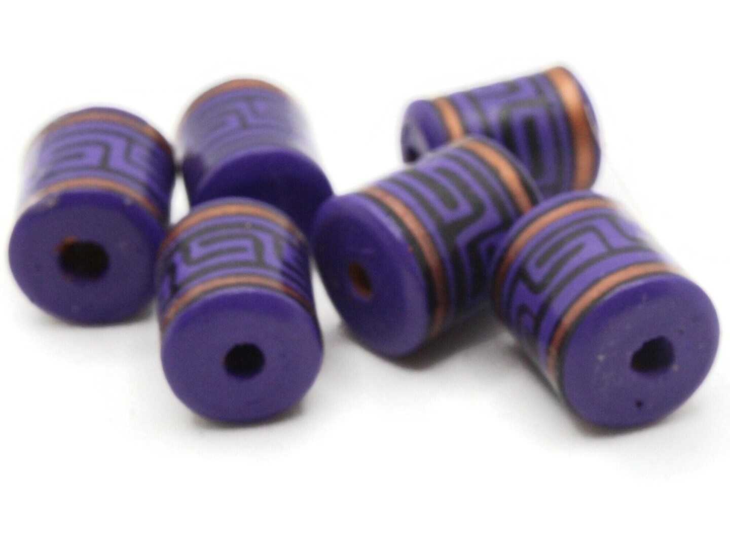 6 16mm Vintage Painted Clay Purple Copper and Black  Patterned Peru Tube Beads