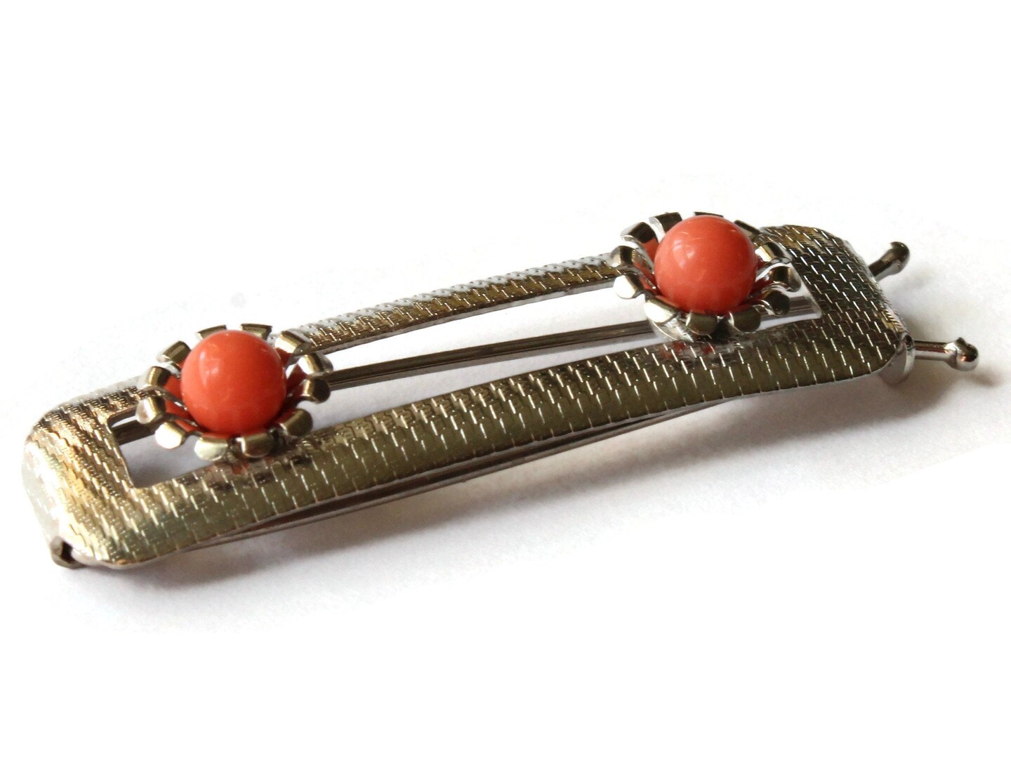 Vintage Silver Barrette with Orange Flowers Rectangle Barrette