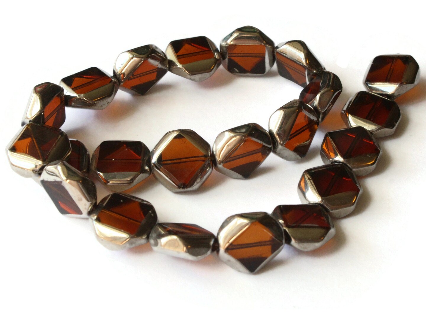 22 14mm Silver Rimmed Glass Brown Octagon Window Beads