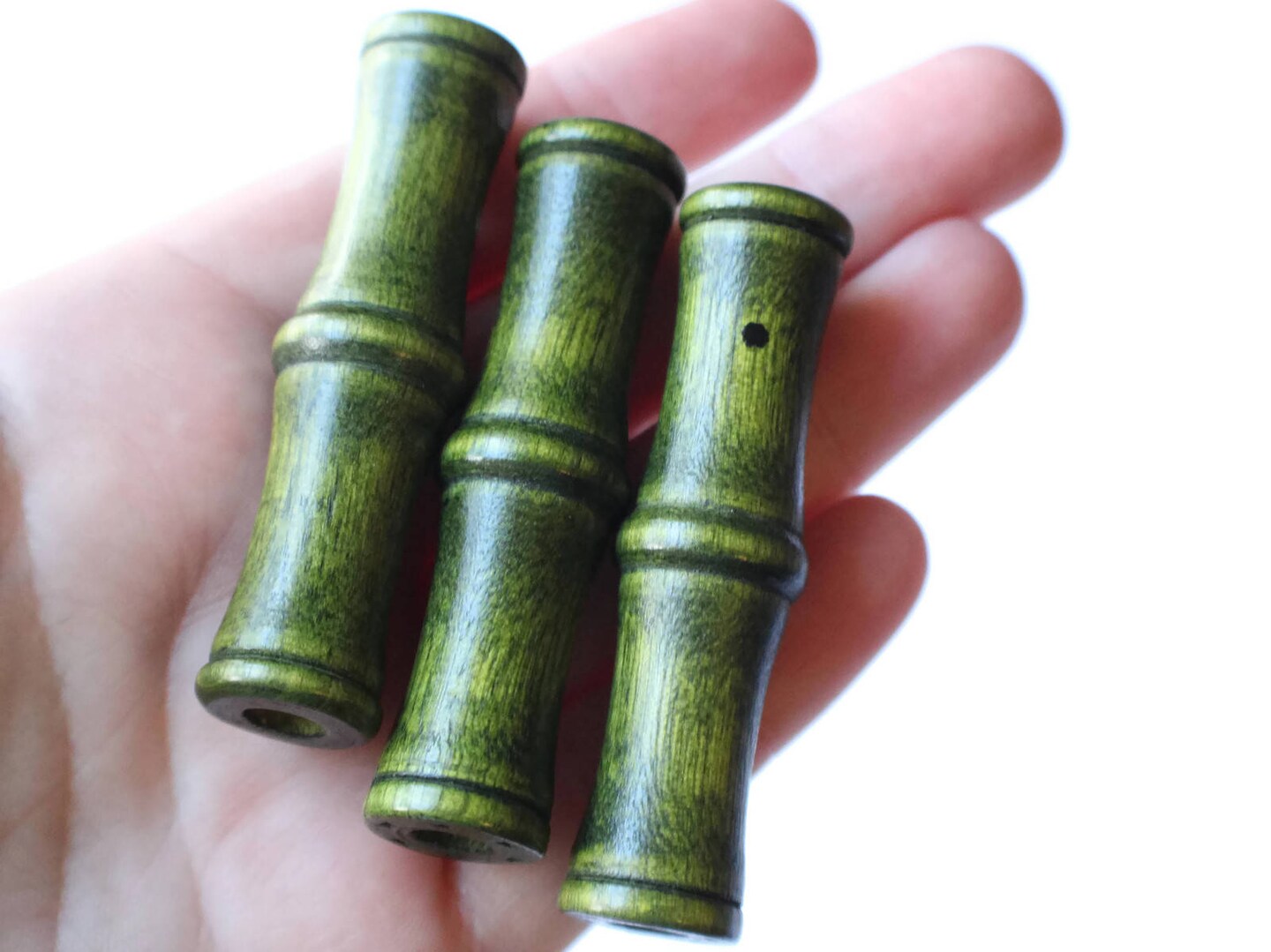 4 61mm Vintage Green Wood Tube Beads - Large Hole Macrame Beads
