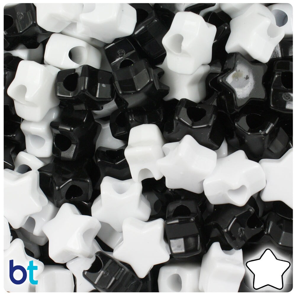 BeadTin Black & White Opaque Mix 13mm Star Plastic Pony Beads (250pcs)