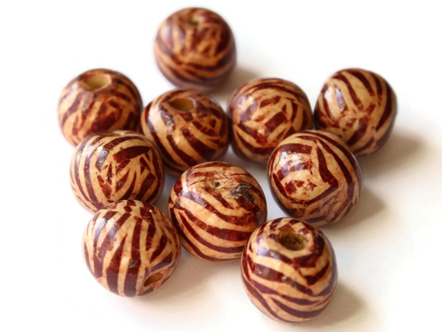 10 20mm Animal Striped Brown Wood Beads Round Wooden Beads