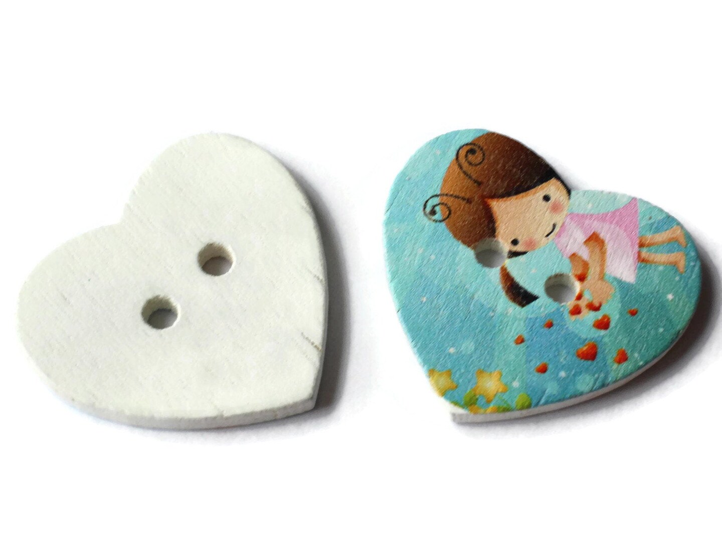 10 25mm Blue Heart Buttons 2 Hole Wooden Buttons with Girl