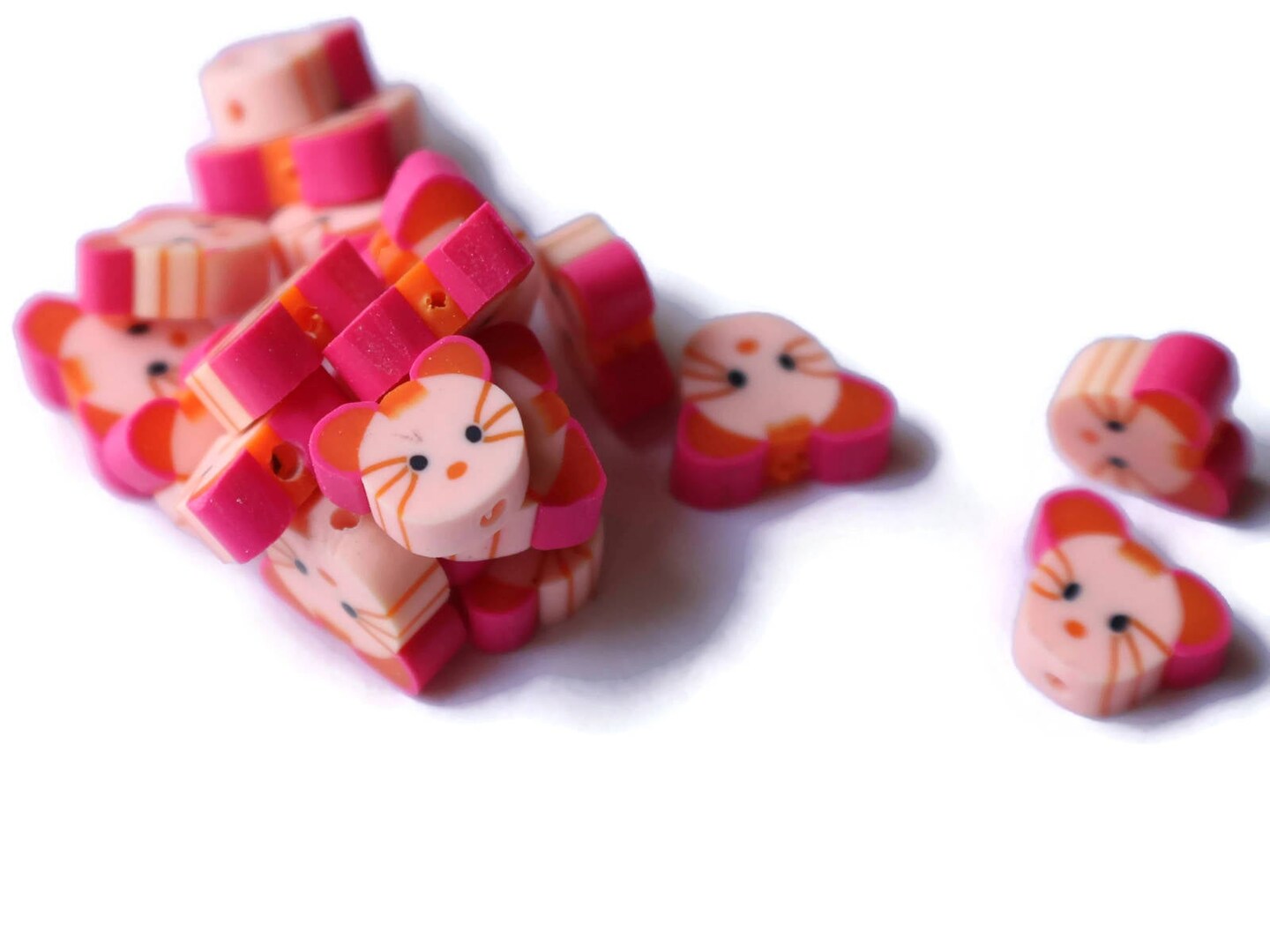 20 Pink Mouse Head Beads Miniature Animal Polymer Clay Beads Zoo Beads