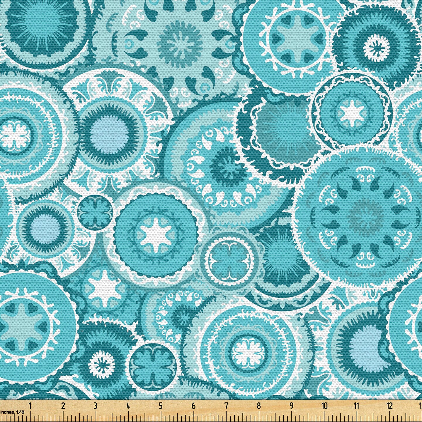 Ambesonne Aqua Fabric by the Yard, Hippie Floral Leaves Mandala Rounds Traditional Elements Print, Decorative Fabric for Upholstery and Home Accents, 5 Yards, Turquoise Teal White