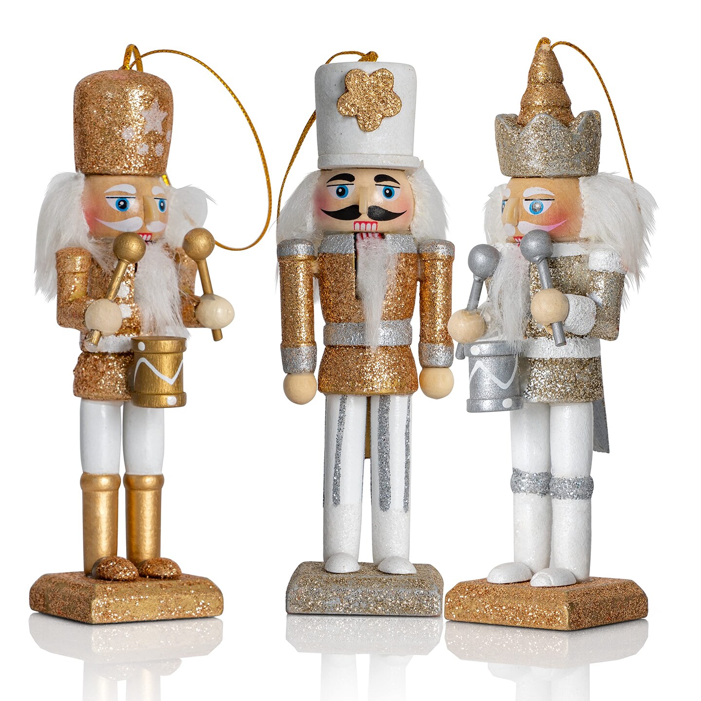 Ornativity Nutcracker Hanging Ornament Figures – Gold and Silver Glittered Christmas Mini Wooden King and Soldier Nutcrackers Xmas Tree Ornament Set – 5 Pieces