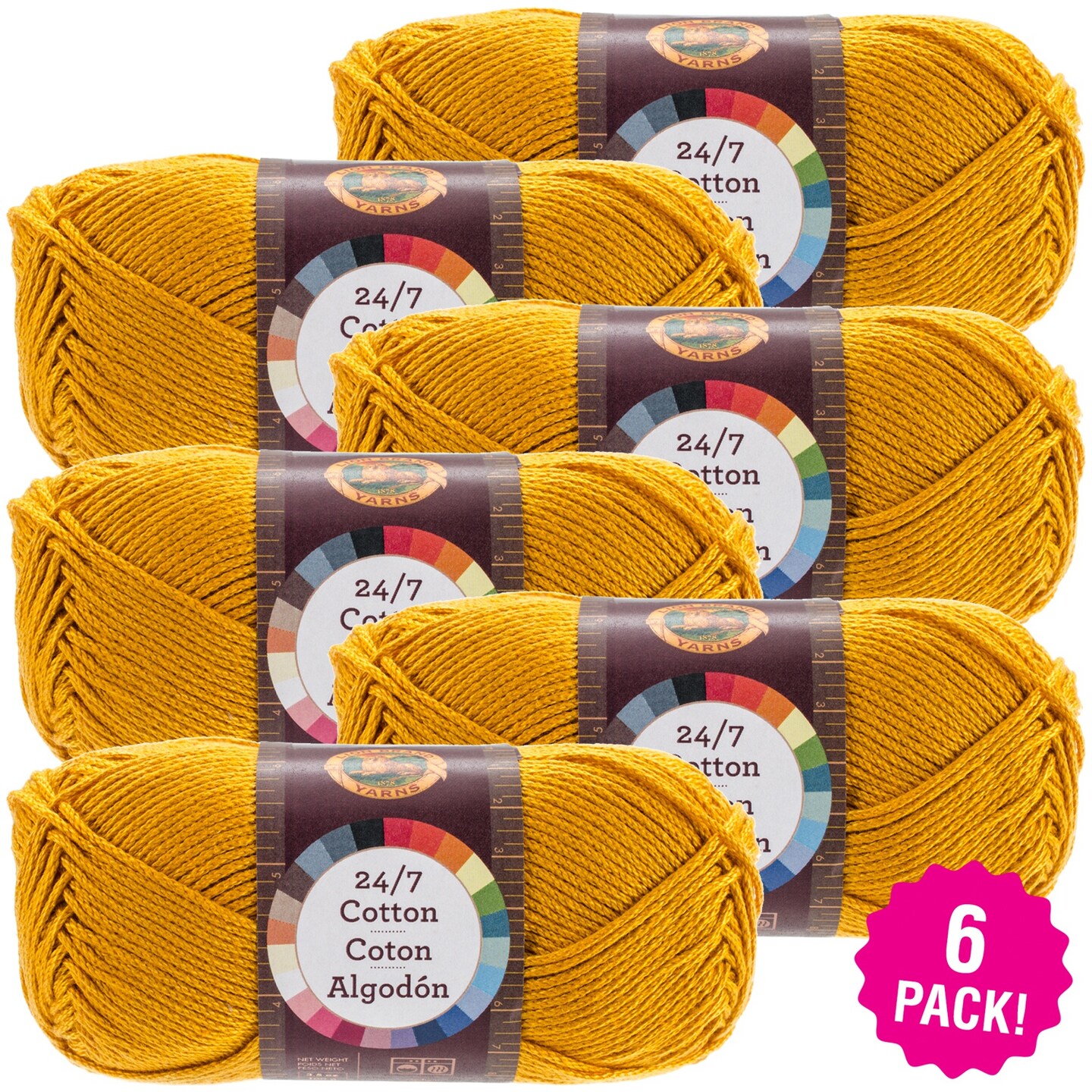 (6 Pack) Lion Brand 24/7 Cotton Yarn - Goldenrod