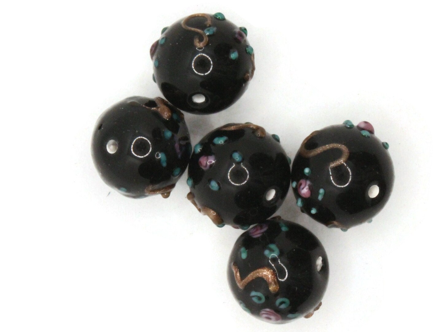 5 14mm Round Black Floral Lampwork Glass Multi-color Wedding Cake Beads