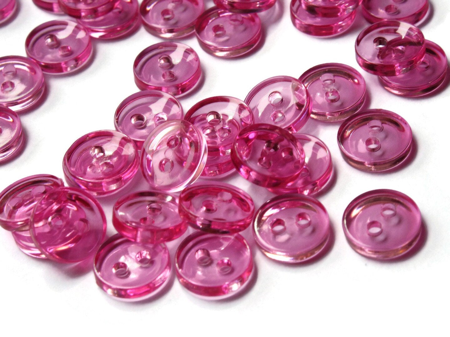 50 11mm Clear Dark Pink Buttons Round Plastic Two Hole Buttons