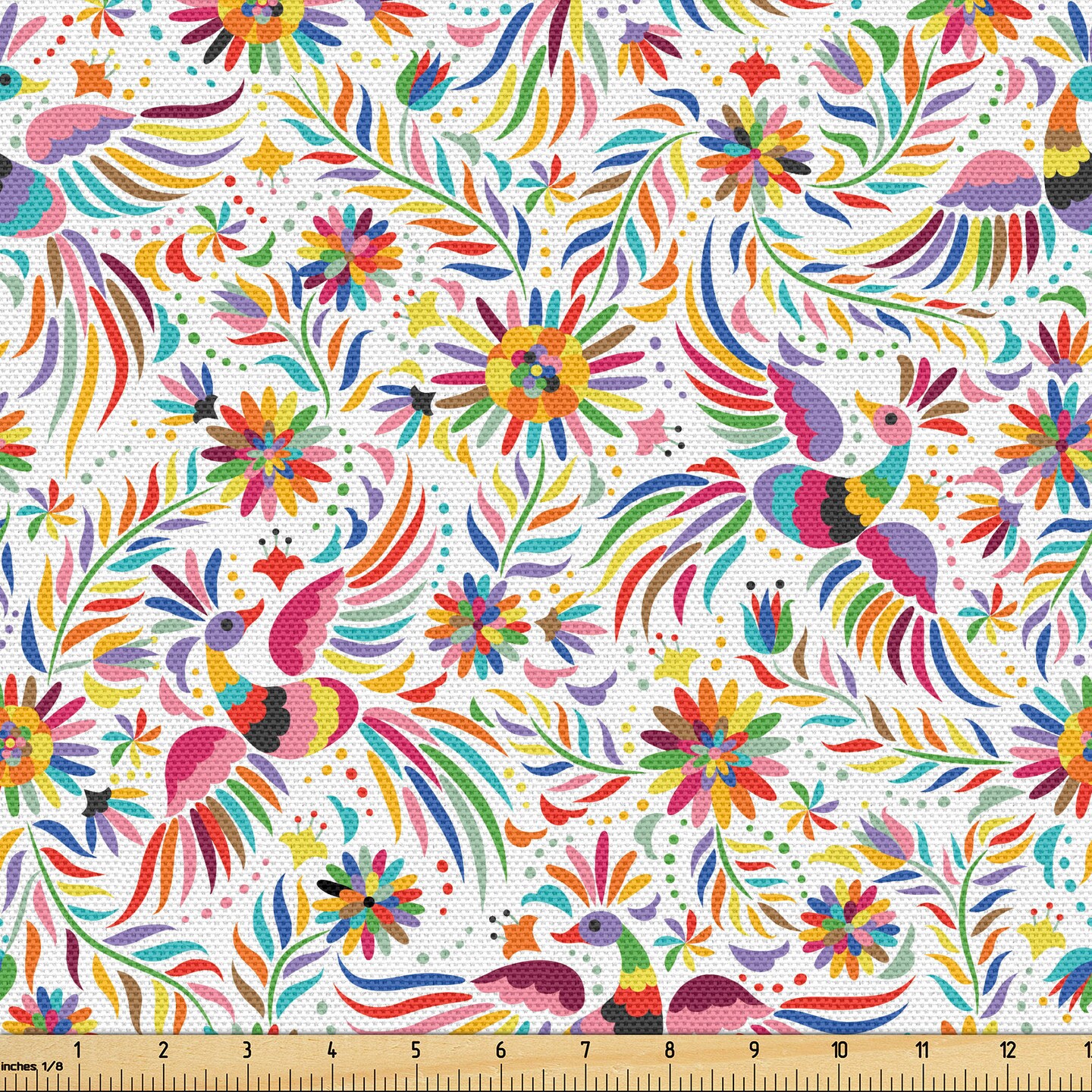 Ambesonne Mexican Fabric by the Yard, Colorful Nature Inspired Pattern Birds Flowers Leaves and Dots Creativity, Decorative Fabric for Upholstery and Home Accents, 1 Yard, Red Cream