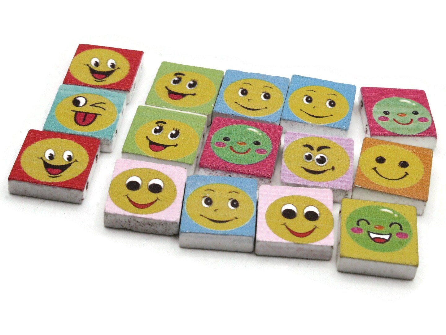 15 20mm Mixed Color Wooden Happy Face Rectangle Beads - Two Hole Emoji Beads